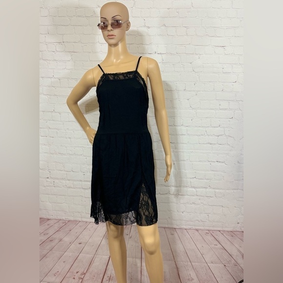 FREE PEOPLE INTIMATELY lace trimmed semi sheer mini slip dress black Medium GUC - Picture 4 of 16